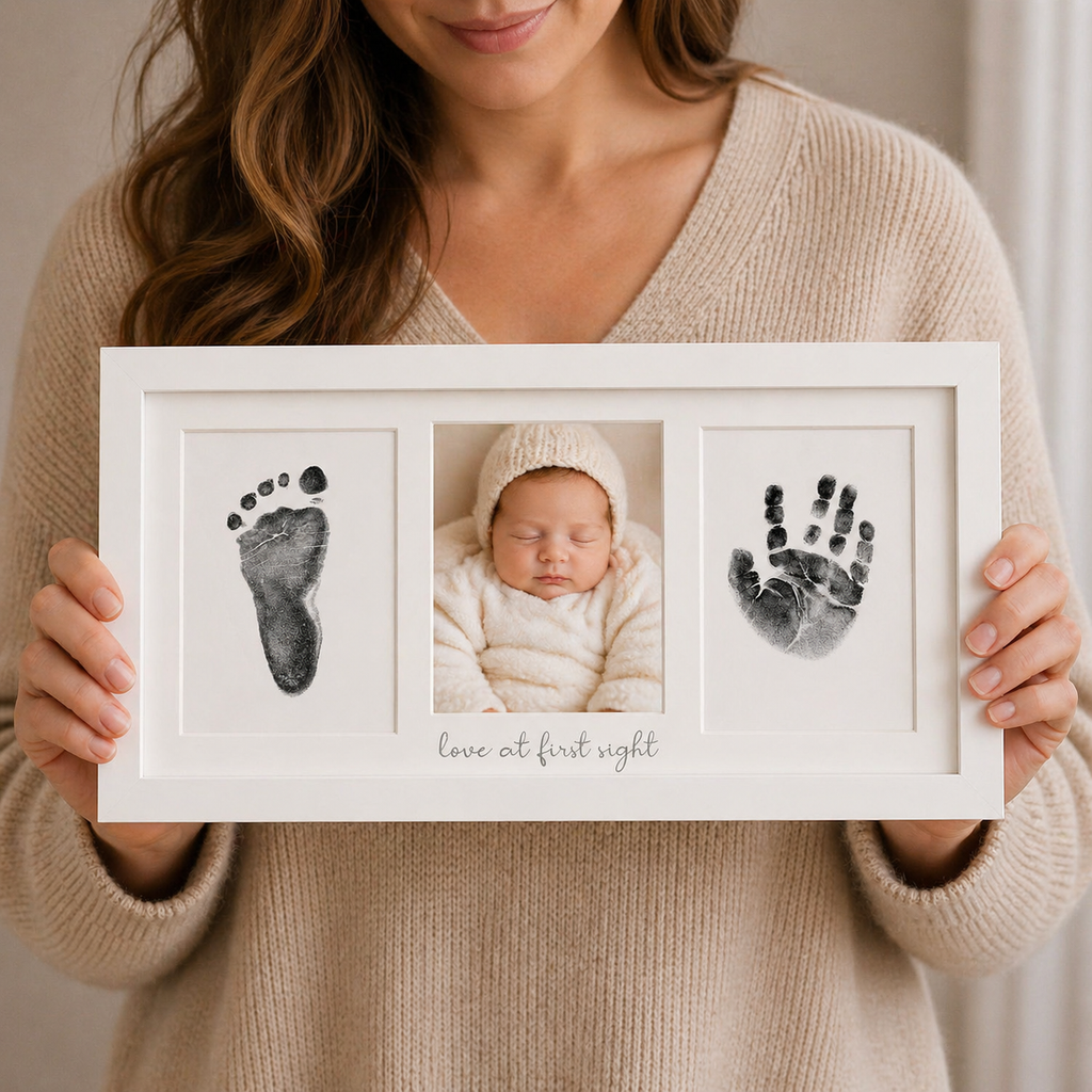 Baby Handprint and Footprint Keepsake Frame - 3-Panel with "Love at first sight" Engraved