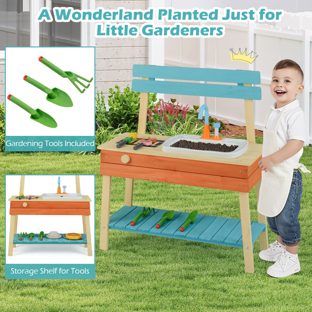 Kids Play Kitchen Set Wooden Kitchen Playset Chef Pretend Mud Kitchen-Blue